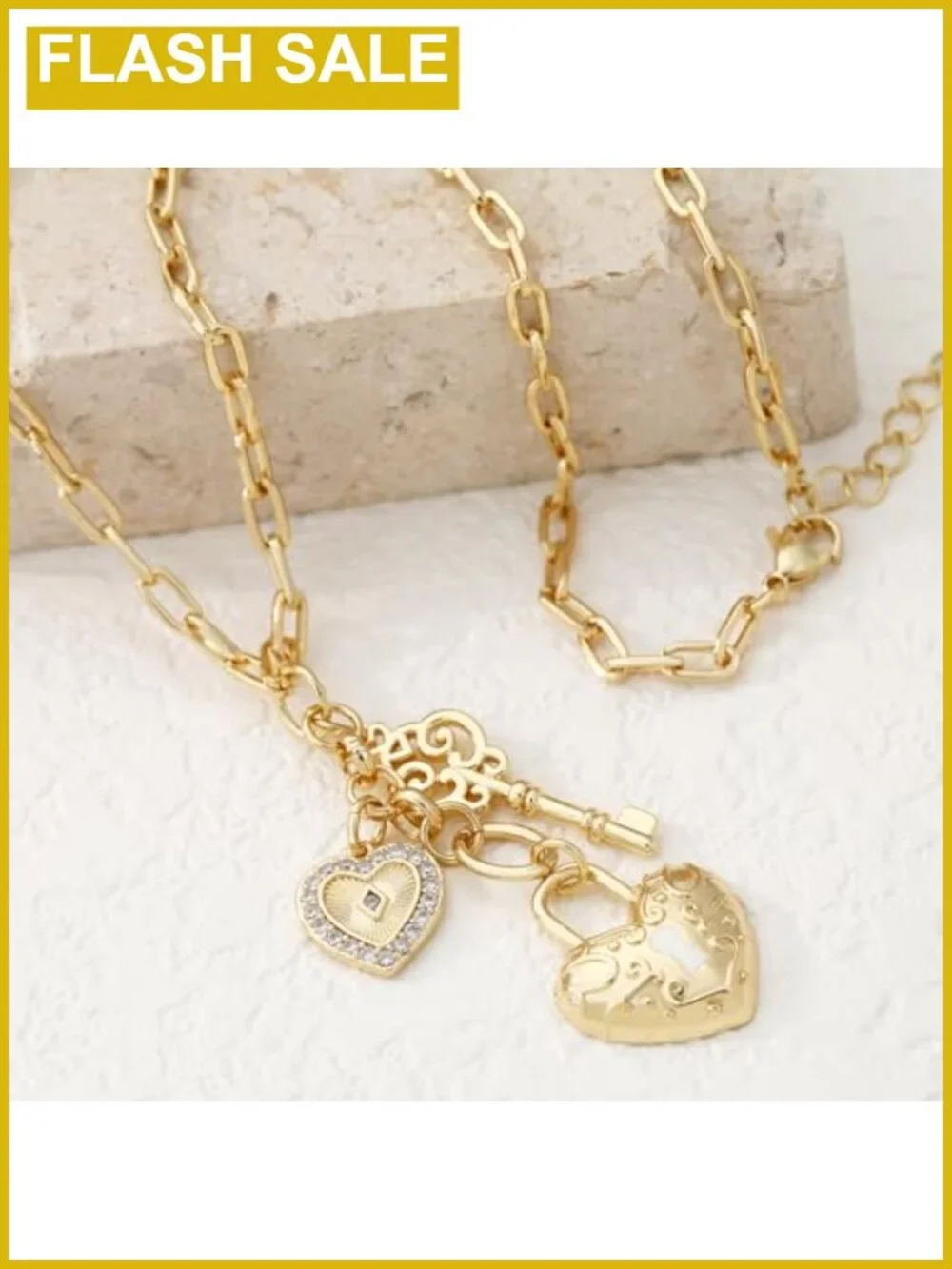 18K Gold Plated Heart Lock Key Pendant Necklace Paperclip Chain Choker